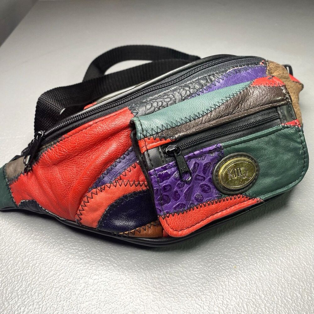 Vintage 80s KMQ Leather Patchwork Colorblock Fanny Waist Pack Crossbody
